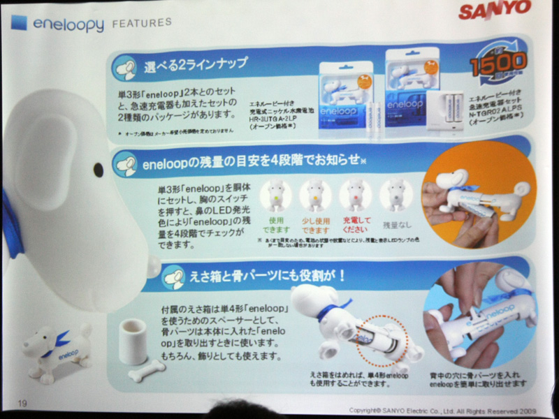 eneloopy�̋@�\�ꗗ�B�t���̉a���̓X�y�[�T�[�Ƃ��āA���p�[�c��eneloop�����o���ۂɎg�p����