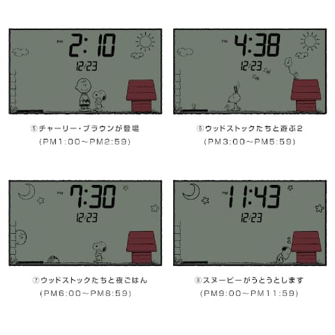 スヌーピーが時刻に合わせて動くデジタル時計 夜は眠り昼間は遊ぶアニメーション 家電 Watch