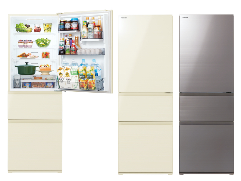 ドアポケットの棚を簡単に高さ調節できる、東芝3ドア冷蔵庫ベジータ